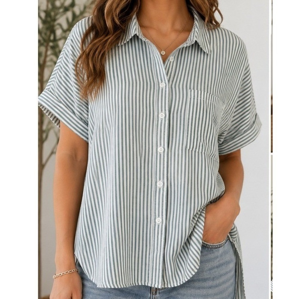 Velvet Heart Los Angeles Sage Green Striped Button Down Shirt Large